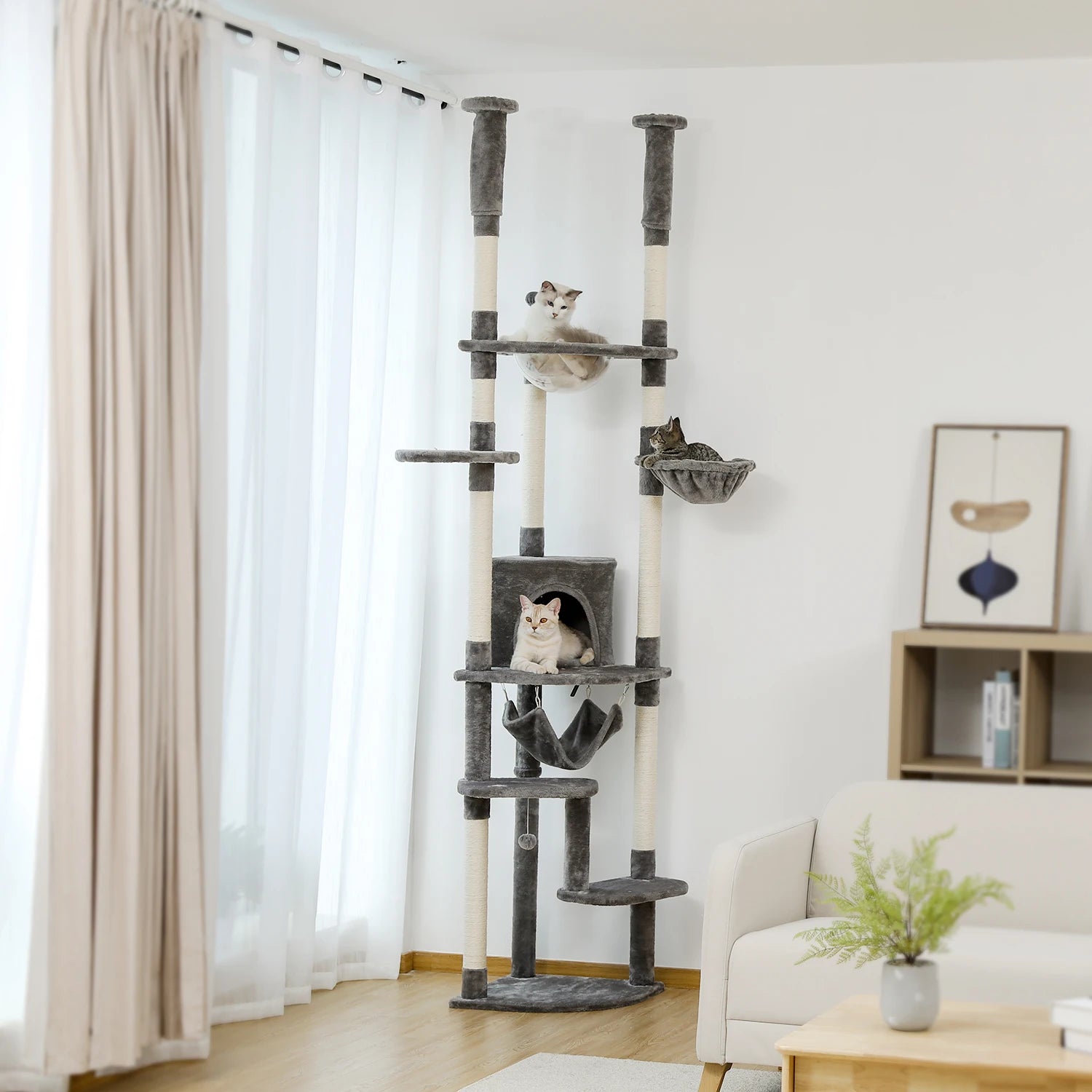 Floor to Ceiling Cat Tree with Sisal Scratching Posts Cozy Condo Hammock Adjustable Height Tall Cat Tower for Indoor Cat Toys