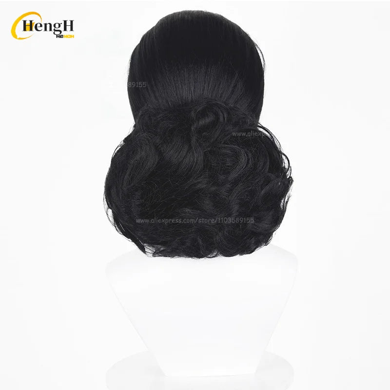 In Stock Anime Kibutsuji Muzan Female Short 38cm Black With Bun Cosplay Wig Heat Resistant Synthetic Hair Halloween Party Wigs