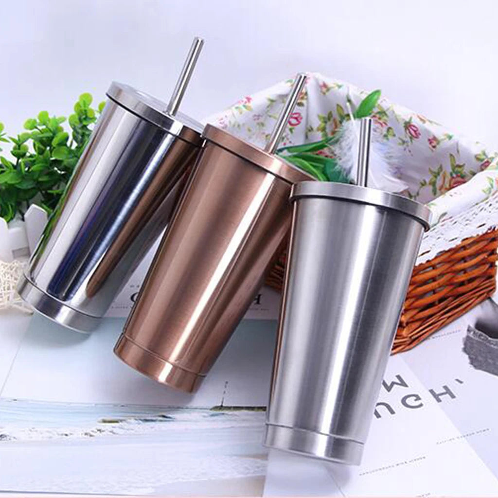 500ml Insulated Stainless Cup With Lid And Straw - Smoothie Tumbler Juice