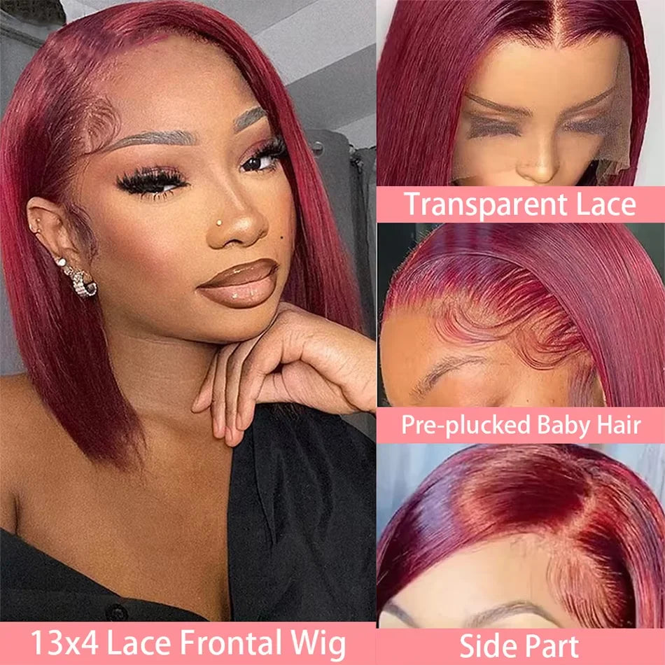 99J Burgundy Human Hair Wig Bob13x4 Straight Lace Frontal 100% Human Hair Brazilian Short Bob Wigs For Women Wine Red Lace Fron