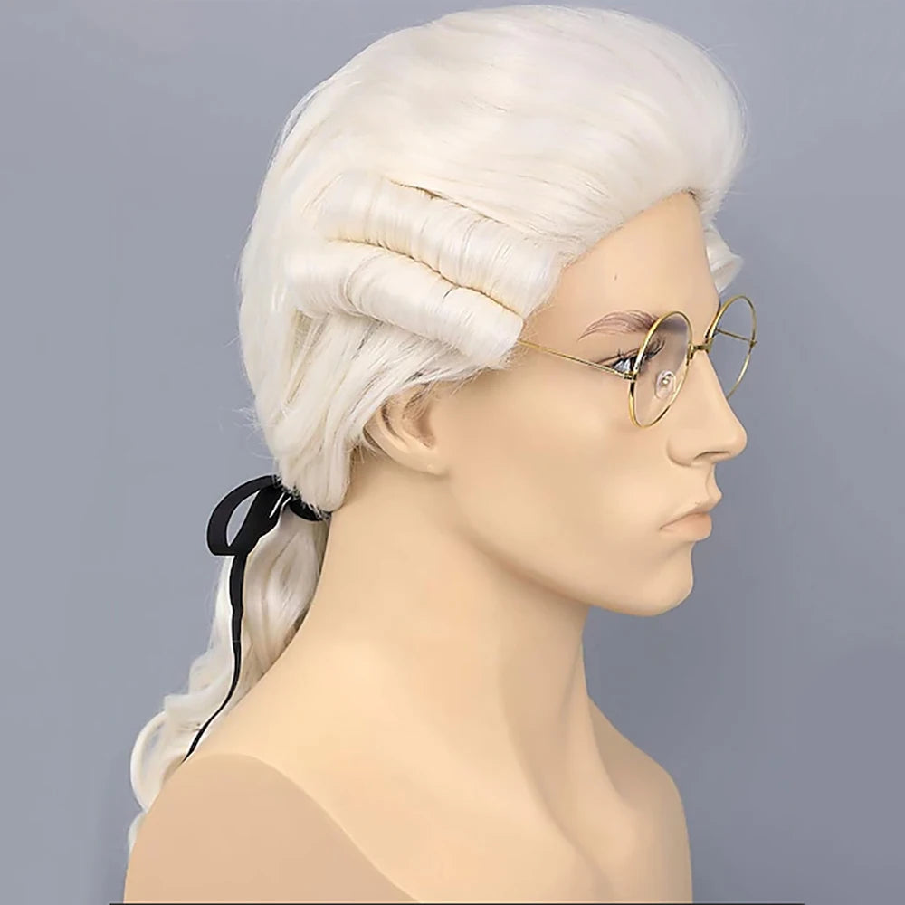 HAIRJOY Synthetic Hair Mens Judge Colonial Wig Long Blonde Powdered Wavy Wig Costume Cosplay Party White Wigs(no glasses)