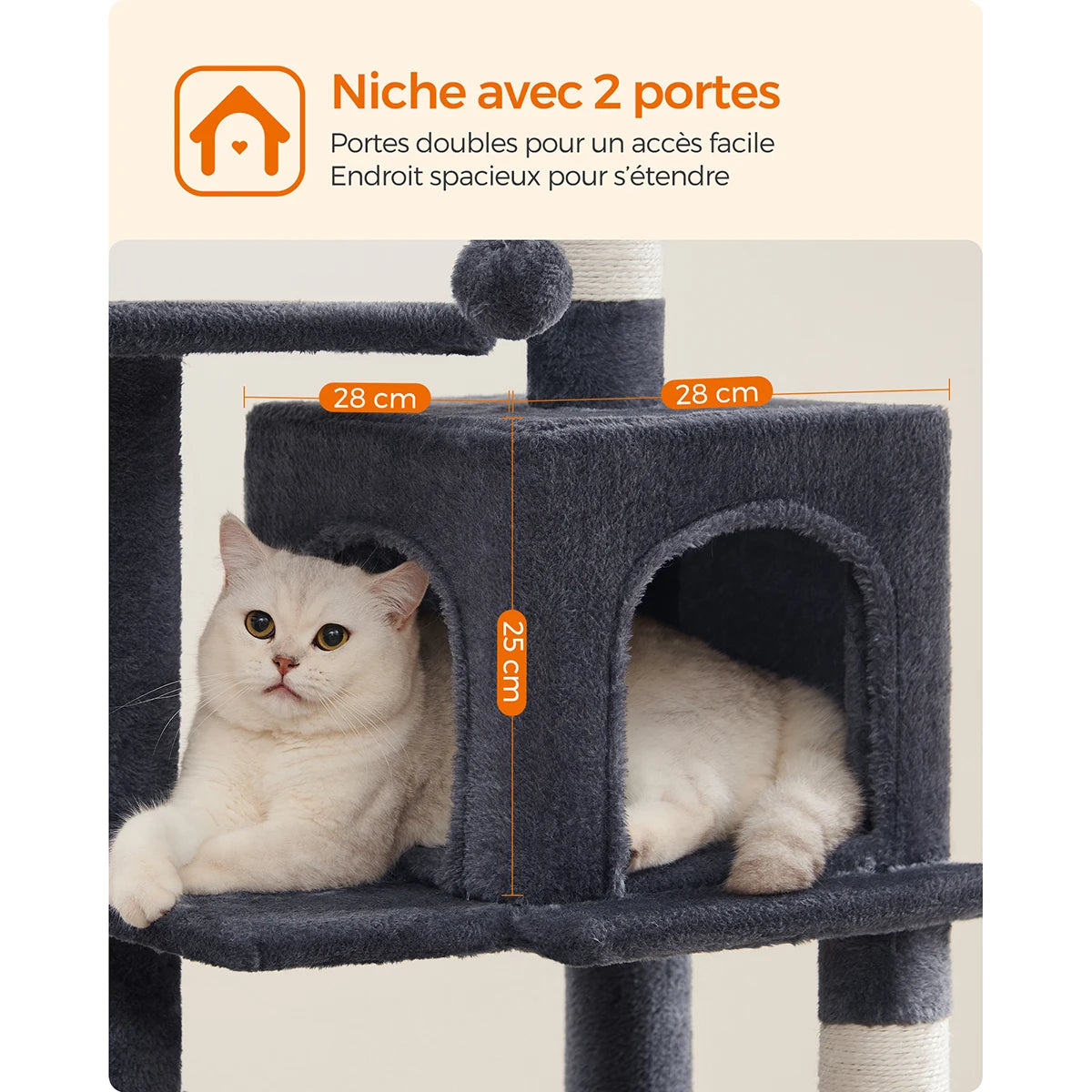 Feandrea Cat Tree, 112 cm Cat Tower for Indoor Cats, Multi-Level Plush Cat Condo with 4 Scratching Posts, 2 Perches, Cave
