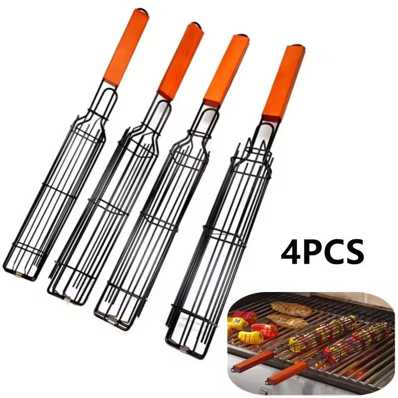 1/2/4PCS BBQ Grill Basket with Wooden Handle Reusable Nonstick  Lock Barbecue Mesh Clip for Outdoor Grill Vegetable Meat Hot Dog