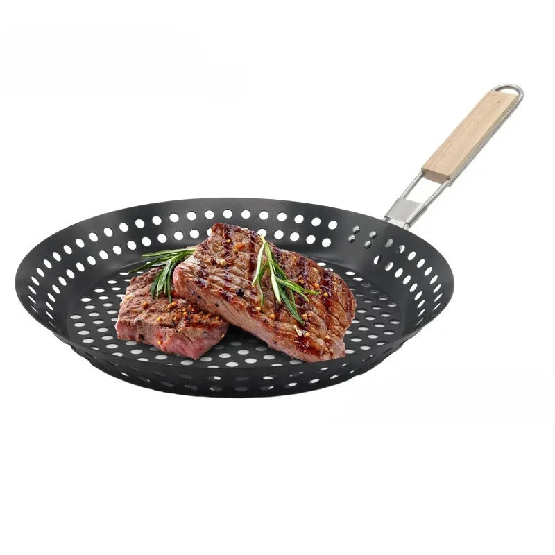 Round Hollowed-out Wooden Handle Barbecue Plate Outdoor Vegetable Barbecue Plate Outdoor Portable BBQ Grill Pan