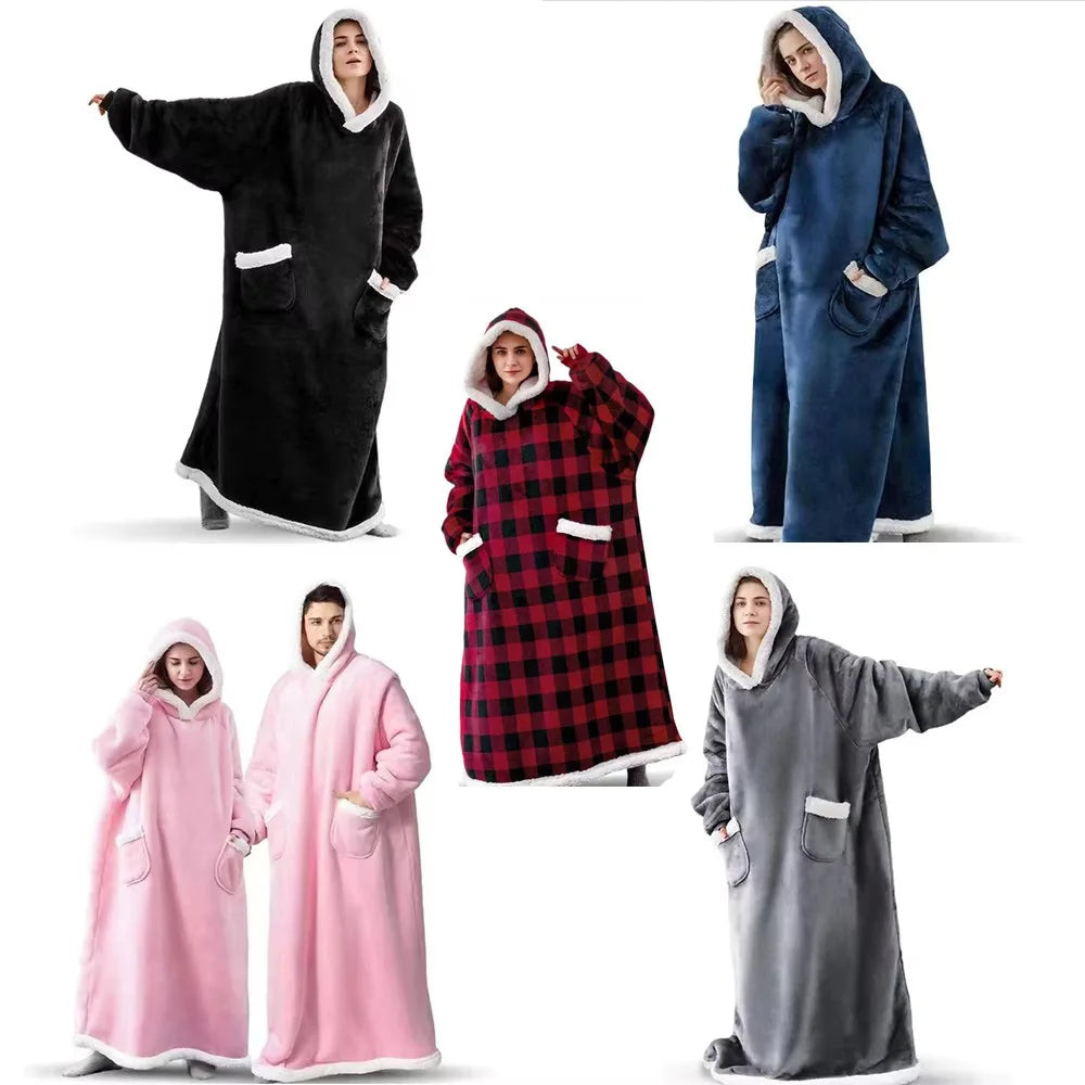 150/180cm Winter Thick Blanket Extra Plush Hoodie Lengthened Large Pocket Imitation Cashmere Home Coat Fleece TV Blanket 1pc
