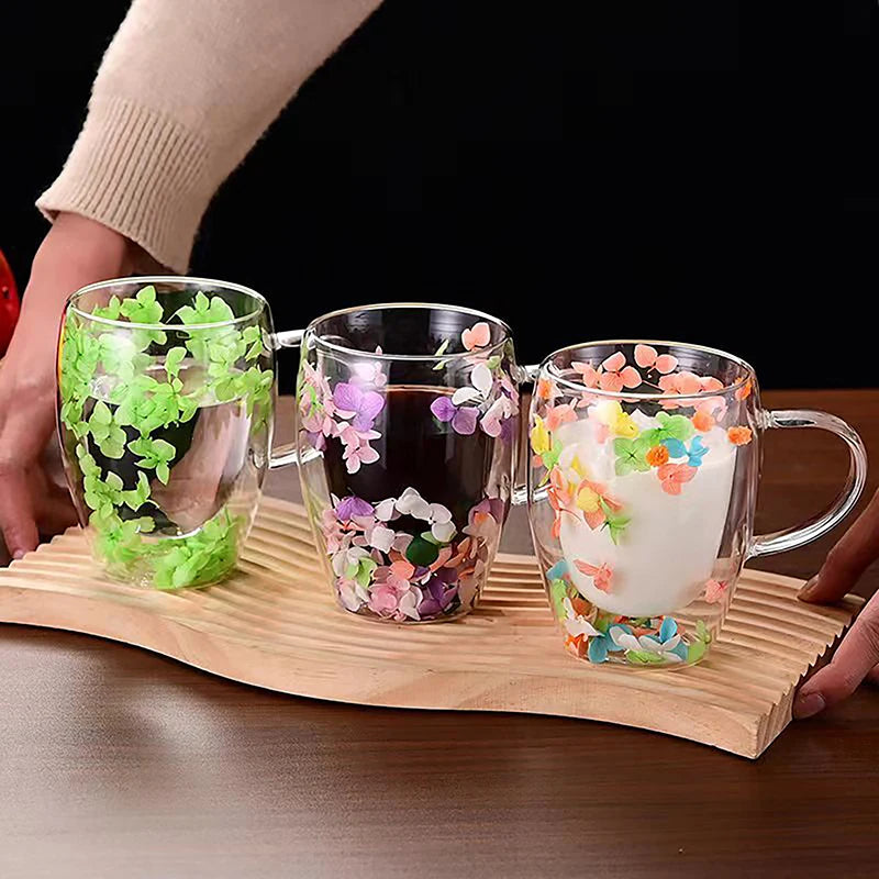1PC INS Trends High Borosilicate Glass Tea Coffee Cup Floral Dry Flowers Cup Simple Heat Resistant Double Wall Glass Cup