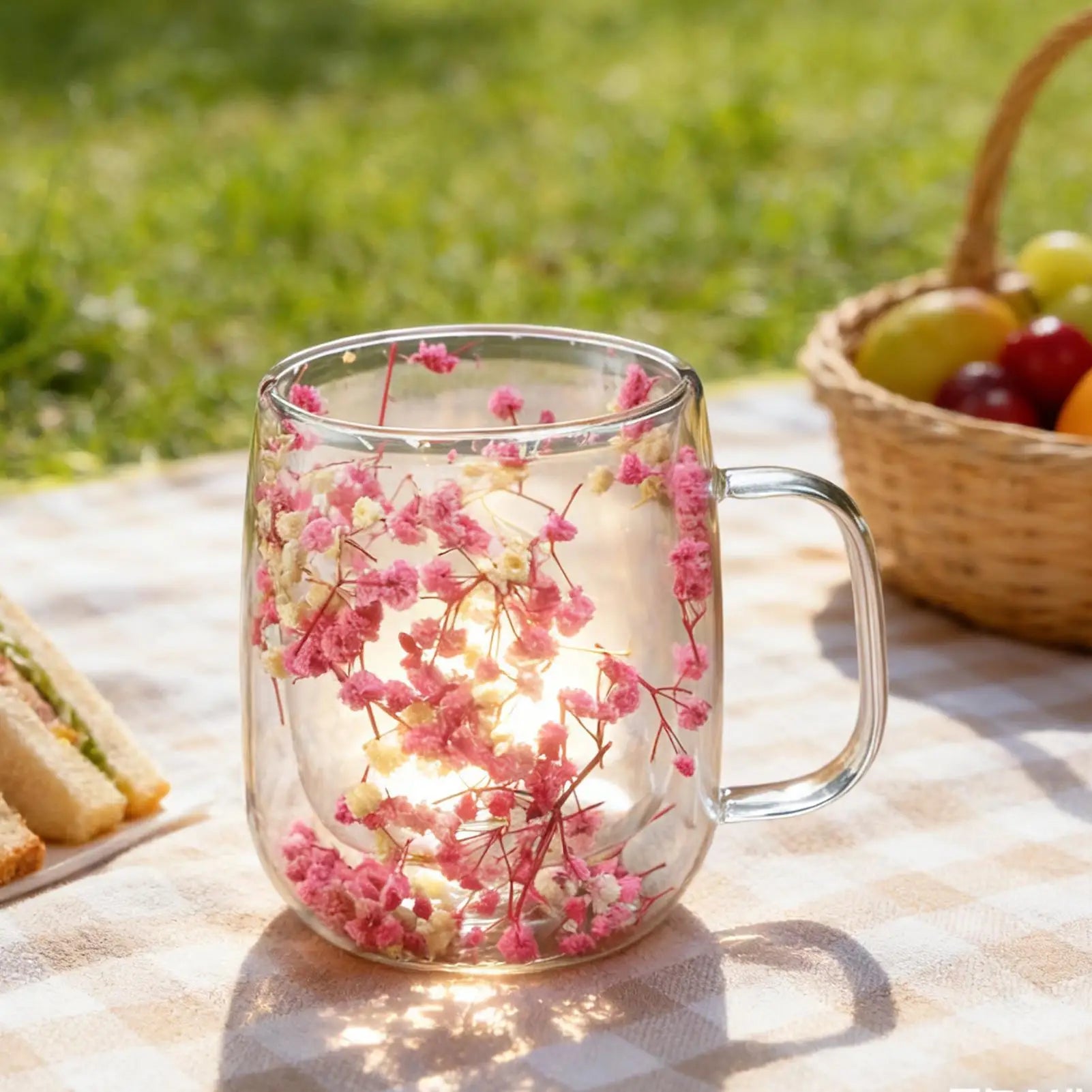 450ml Double Wall Glass Coffee Mugs Clear Glass Cups with Handle Dried Flower Design Mug for Tea Milk Latte Home Office Gift