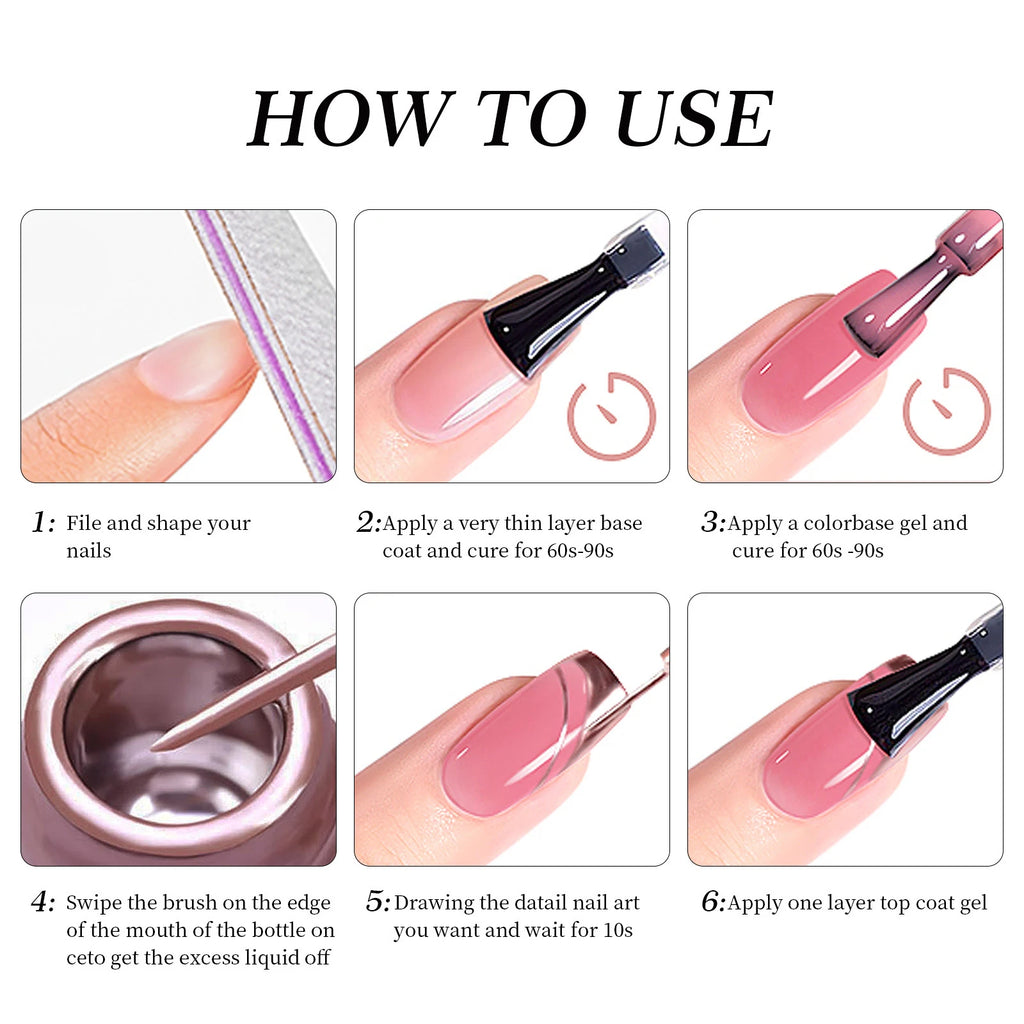 Metallic Mirror Nail Polish, Chrome Gel Liner Nail Art with Thin Brush in Bottle 3D Mirror for Salon Home DIY French Manicure