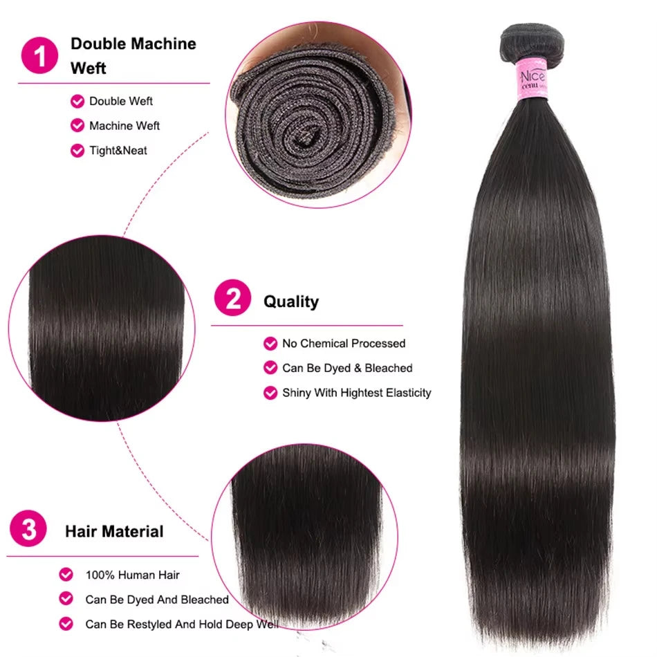 12A Bone Straight Brazilian 32 Inch Human Hair Weave Bundles Natural Black 100%  Unprocessed Bundle Remy Hair Extensions Double