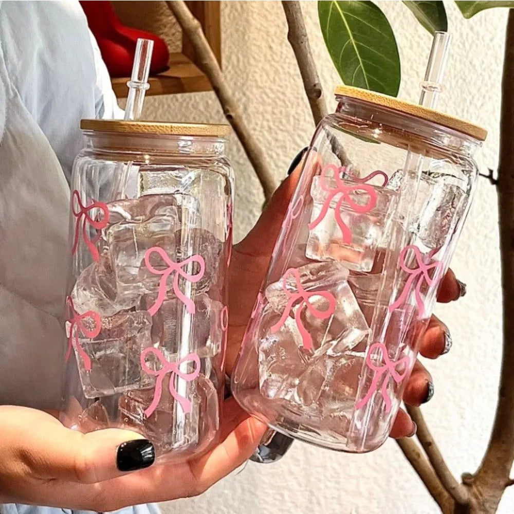 500ml Cute Bow Mason Jar Glass Tumbler with Lid and Straw for Iced Coffee Juice Party Gift Reusable Cup