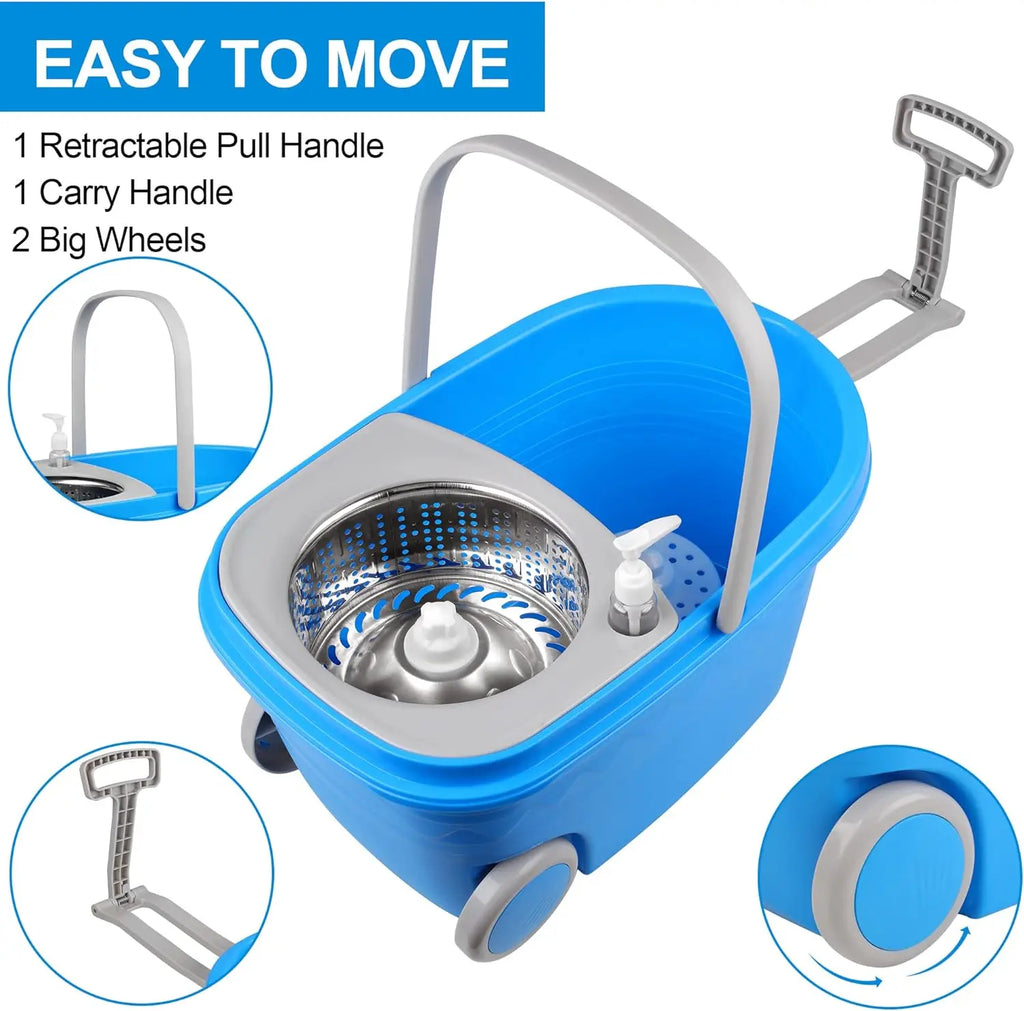 Blue Spin Mop Bucket Sets 360° Spinning Cleaning Tools with 3 Microfiber Replacement Heads, 61" Extended Handle Household Item