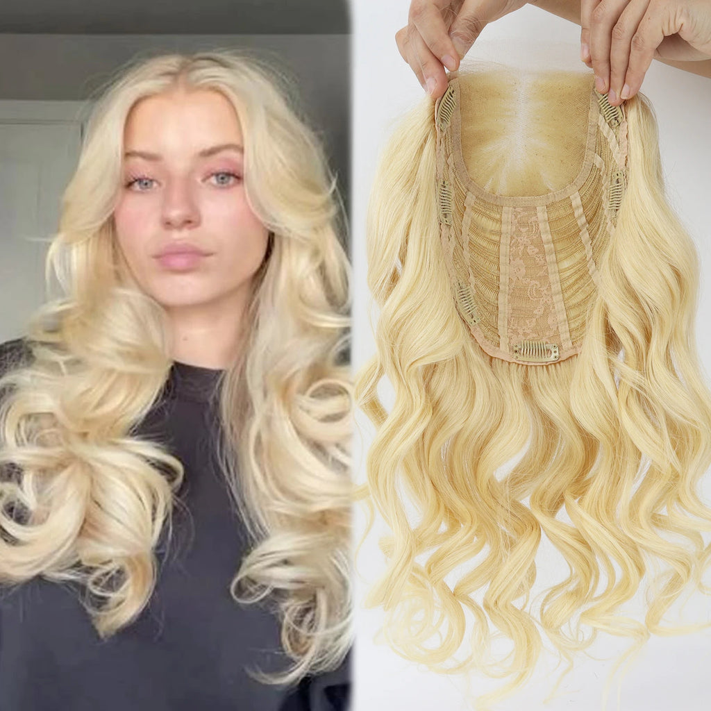 4x4inch Lace Topper with Open Weft 20" Natural Wave Real Remy Human Hair Toupee for Women #613 Light Blonde Natural Soft Scalp