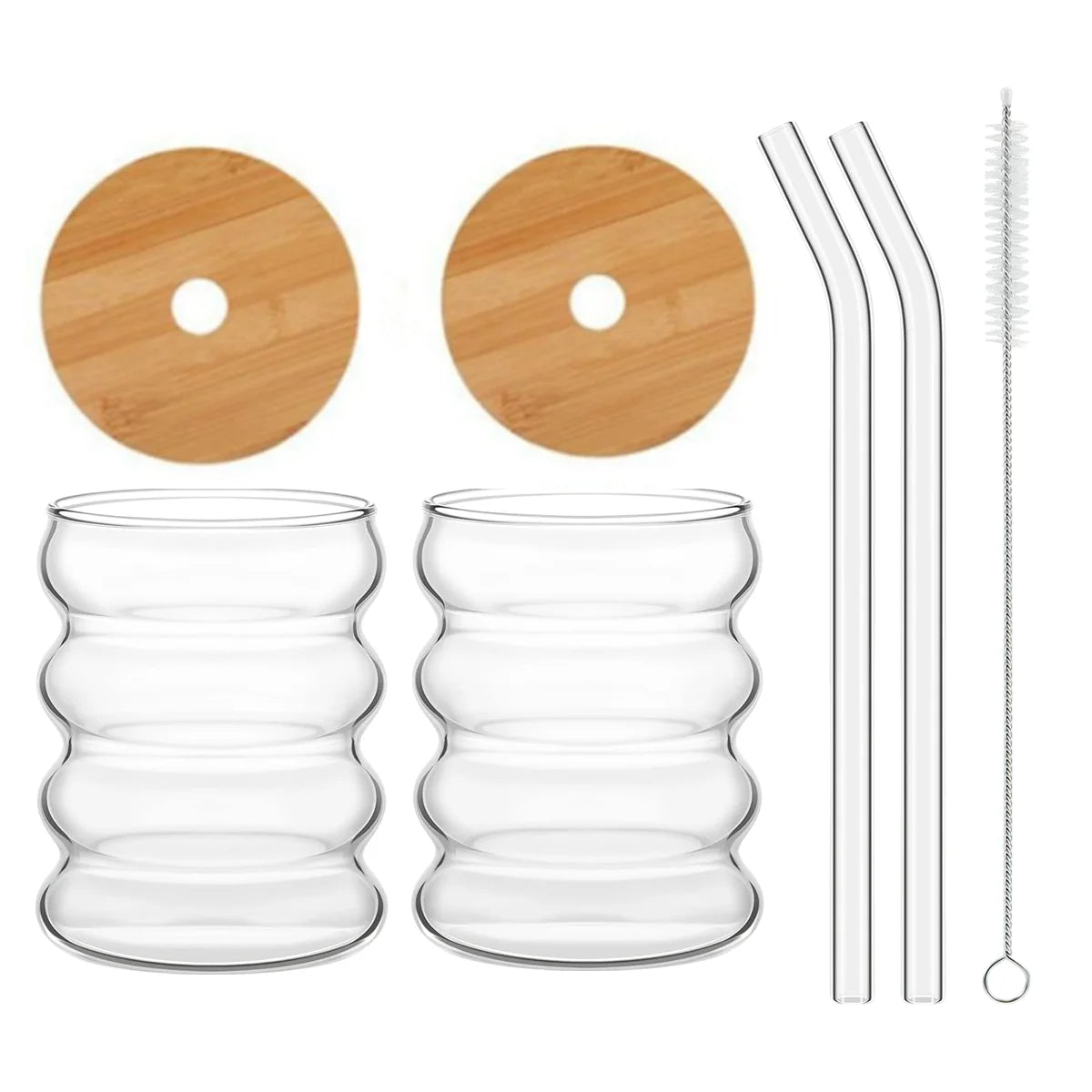 Leeseph 2pcs Creative Glass Cups with Lids and Straws Brush, Cute Cup Wave Shape Beverage Glasses for Juice Coffee Tea Ice Drink