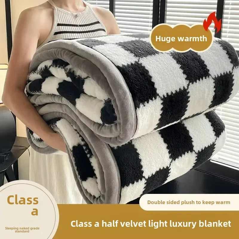 Luxury Checkerboard Sherpa Fleece Blanket, Thick Warm Soft Plush Throw Blanket, Cozy Decorative Blanket for Sofa Bed Couch