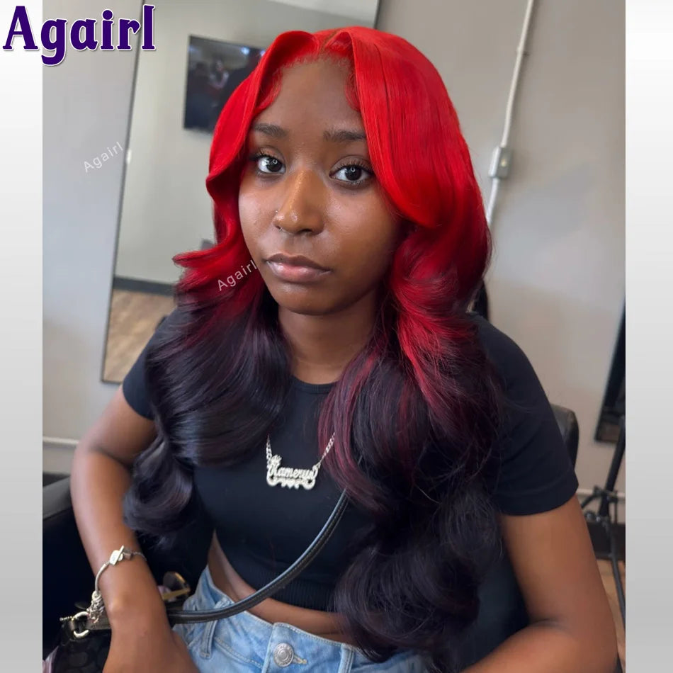 Ombre Red Roots Colored 13x6 HD Lace Frontal Wigs Body Wave Human Hair Wigs 220% Density 6X4 Pre Plucked Glueless Wigs for Women