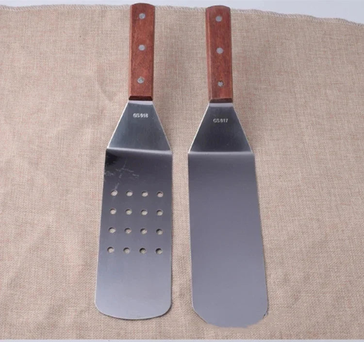 Kitchen Spatula Wooden Handle Grill Turner Stainless Steel Metal Scrape For Pancake Teppanyaki Griddle Cooking Utensil