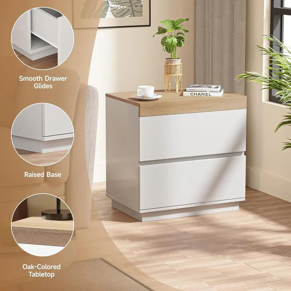 Nightstand with Oak Top, 23.7" White Night Stand with 2 Drawers, Modern Bedside Table Wood End Table for Bedroom-Customized