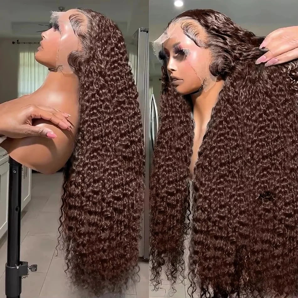 30 36Inch Chocolate Brown Deep Wave Human Hair Wigs 13x4 13x6 Hd Lace Frontal Wig 4# Colored Burmese Curly Hair Wig 220Density