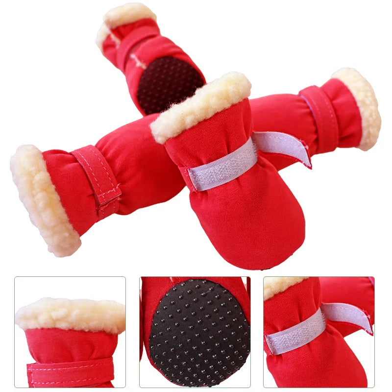 4pcs Winter Thick Warm Dog Shoes Soft Plush Non-slip Waterproof Snow Boot Puppy Outdoor Walking Pet Accessories Dog Socks Bootie