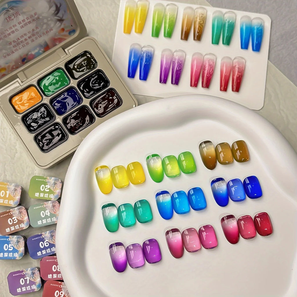MORDDA 9Pcs Candy Solid Glass Adhesive Patter Glue Smudges Canned High Saturation Popular Semi-Solid Nail Polish