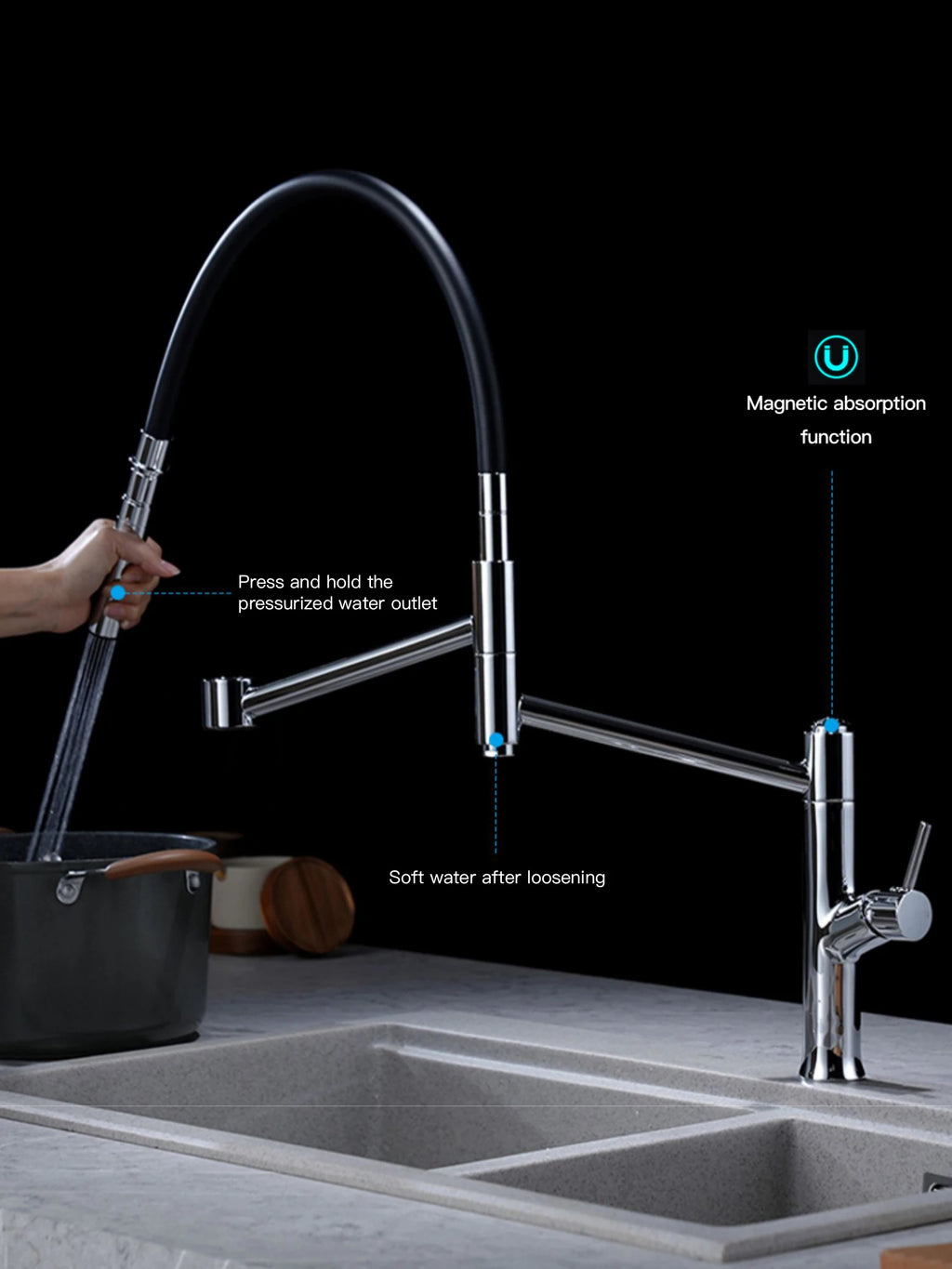 Luxury chrome brass kitchen faucet with single handle for hot and cold water, simple design, large-sized pull-out sink Mixer