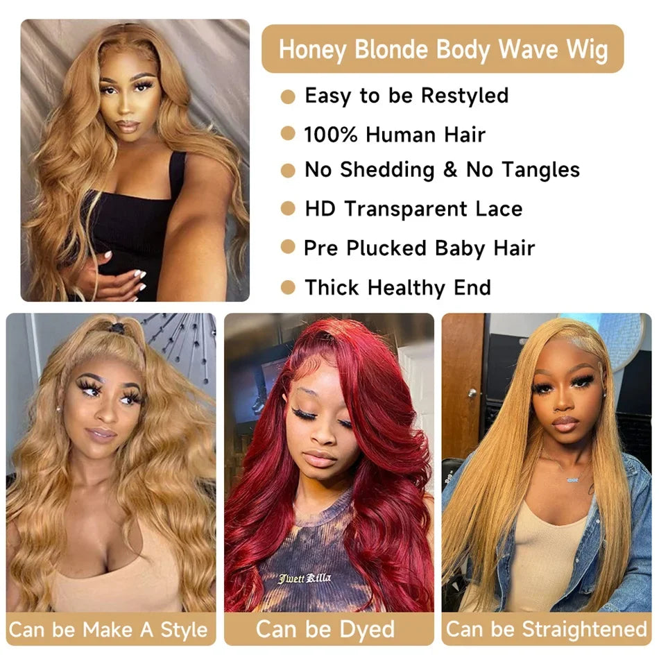 Honey Blonde Body Wave 13x6 HD Transparent Lace Frontal Wig #27 Blonde Colored Human Hair Wigs For Women Pre Plucked Brazilian