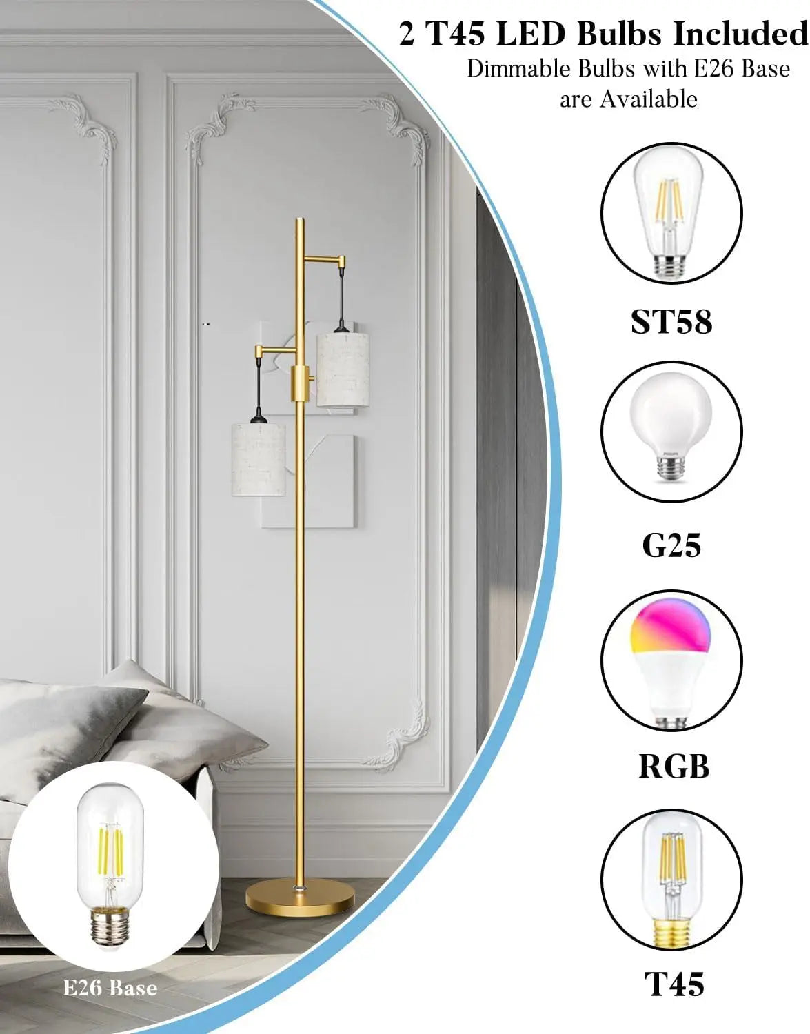 65IN Dimmable Tree Floor Lamp with LED Bulbs, Industrial Design for Living Room Bedroom Office