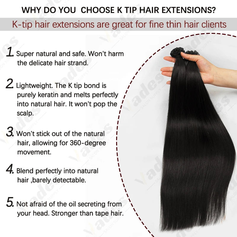 VEDES K Tip Hair Extensions Human Hair Keratin Pre Bonded Hot Fusion Nail Tip Balayage Natural Silky Straight Extensions 50G