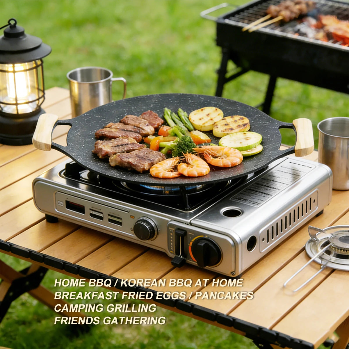 Korean Style Maifan Stone Non-Stick BBQ Grill Pan 12.6 Inch, Smoke-Free, Heat-Resistant Handle, Oil Drip Channel, Compatible wit