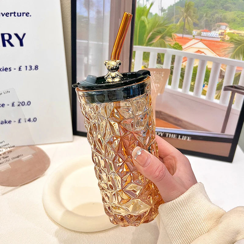 New 2024 Glass Water Cup Women's Coffee Cup With Lid And Straw Portable Home Tea Cup Office European-style Vintage Milk Cup