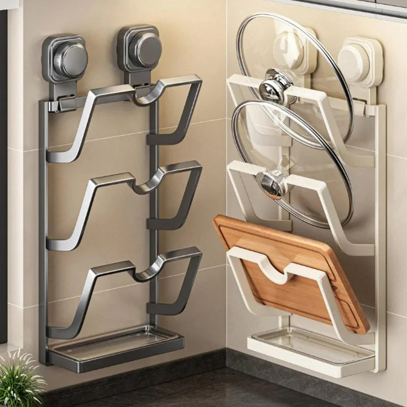 Suction Cup Pot Lid Rack Wall-mounted Punch-free Kitchen Storage Shelf Multi-function Household Storage Cutting Board Rack