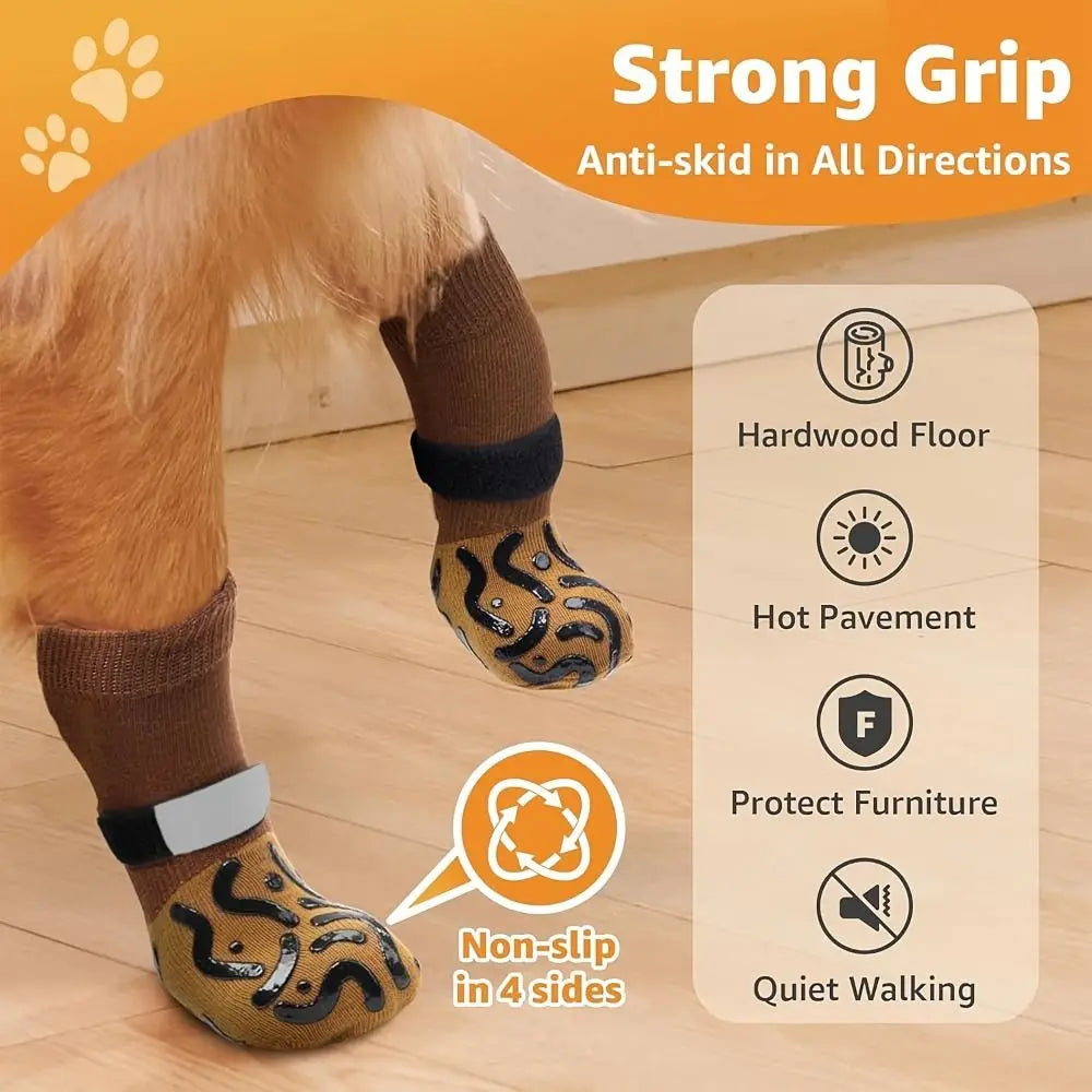 4PCS Anti-Slip Cozy Dog Socks Adjustable Band Anti-Scratch Paw Protection Socks Soft Cotton Strong Grip Pets Knitted Socks