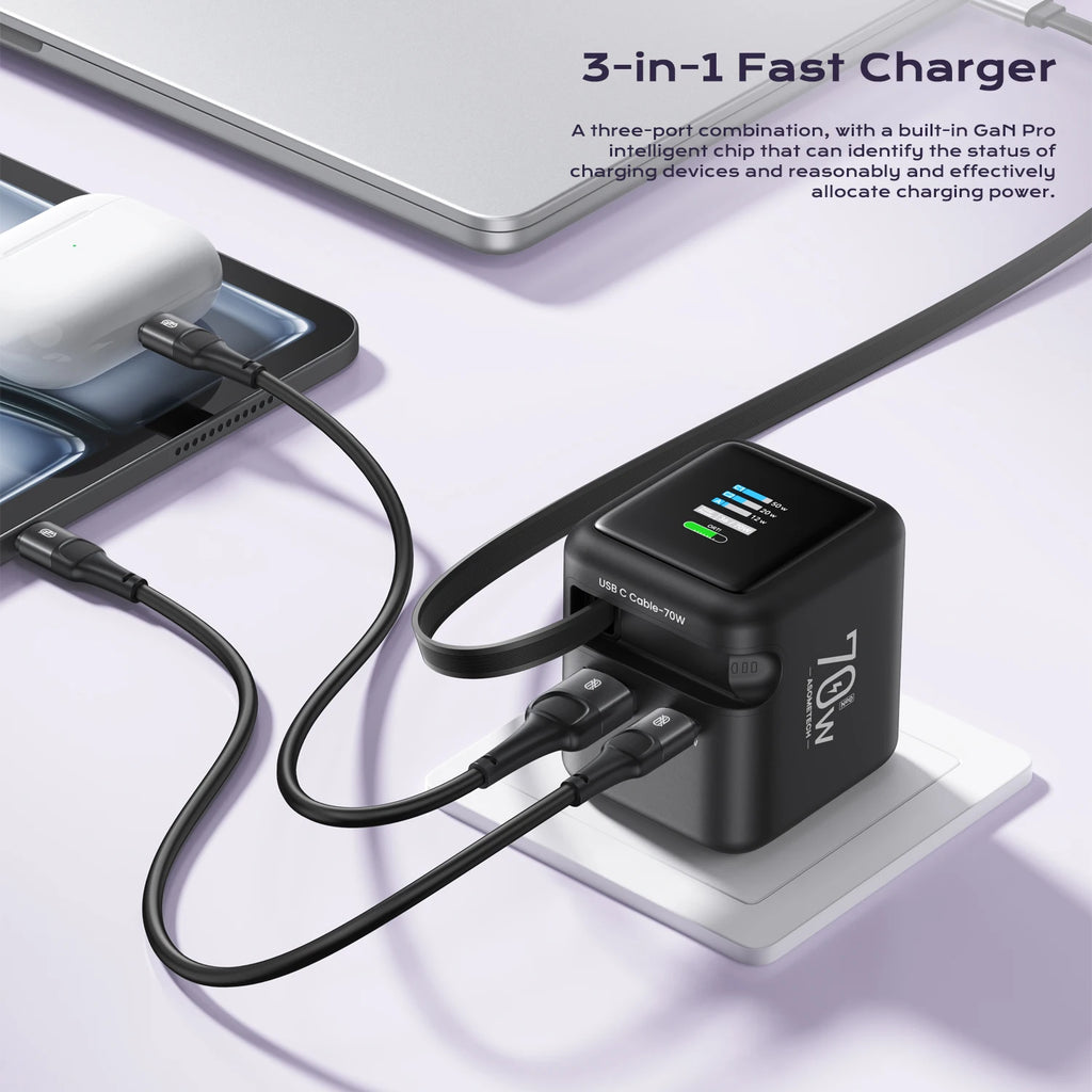 ASOMETECH 70W GaN Charger With Retractable Type C Cable 45W PD QC PPS Travel Charger for iPhone 16 Laptop Macbook Tablet Samsung