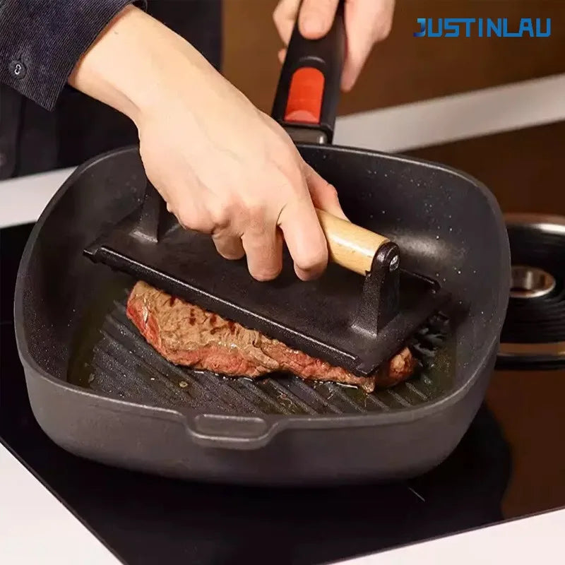 JUSTINLAU Cast Iron Uncoated Square Circular Meat Press Solid Wood Handle, Hamburger Patty Maker Barbecue Fried Meat Press Tool