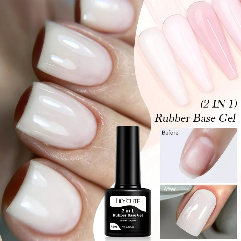 LILYCUTE 6pcs 2-In-1 Rubber Base Gel Nude Pink Color Milky White Soak Off Semi-Permanent Self-leveling Gel Nail Art Varnish