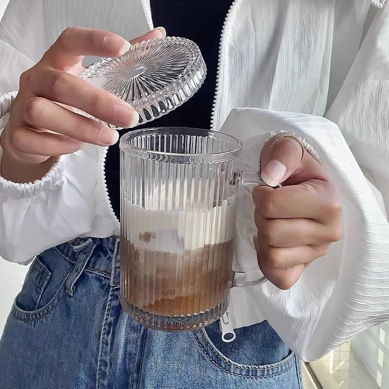 330ml/380ml Transparent Minimalist Style Milk Tea Cup with Lid and Handle Coffee Cup Household Glass Cup Special Christmas Gift