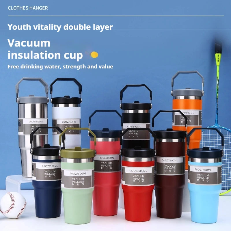 600/890ML Stainless Steel Thermos Mug With Straw Keeps Cold and Heat Thermal Mug  Car Insulated Flask Water Tumbler for Outdoor