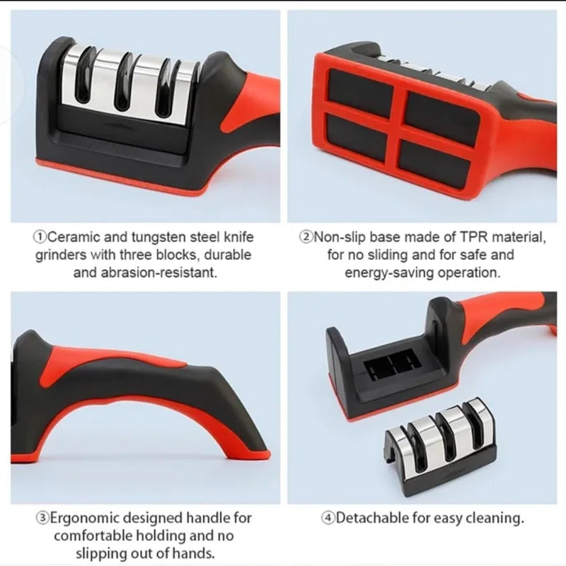 3-Stage Knife Sharpener Set - Diamond & Ceramic Rods for Kitchen, Hunting, Pocket Knives, Fast Edge Repair with Non-Slip Base (B