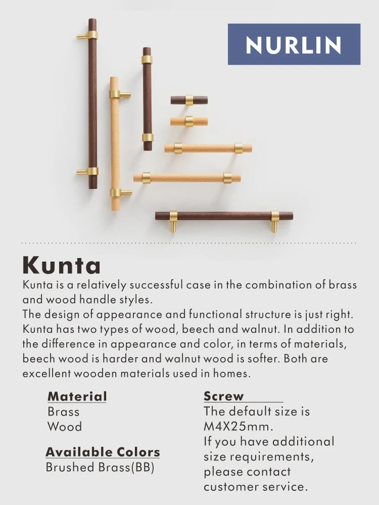 Nurlin Brass Natural Walnut Beech Wood Kitchen Furniture Handle American Nordic Style Drawer Wardrobe Pull T Bar