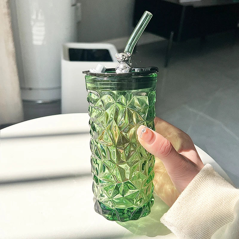 New 2024 Glass Water Cup Women's Coffee Cup With Lid And Straw Portable Home Tea Cup Office European-style Vintage Milk Cup