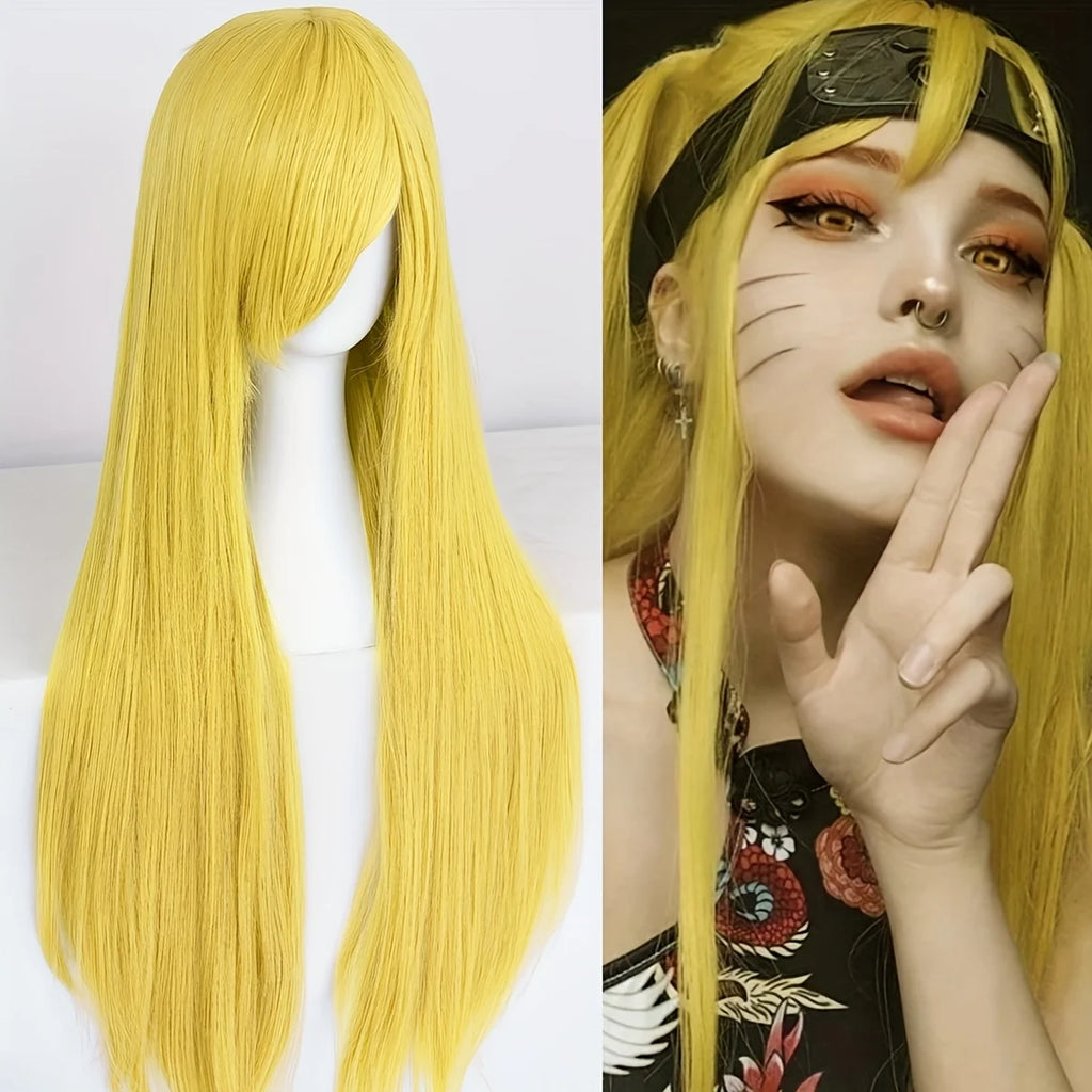 Synthetic Long straight yellow role-playing wig with bangs, suitable for women, Halloween, parties, daily outfit wig