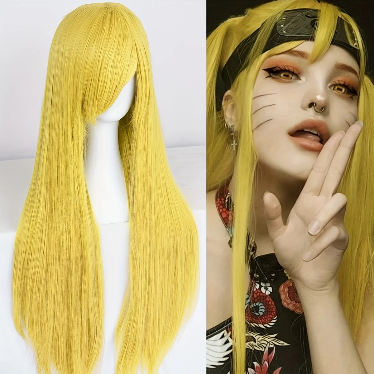 Synthetic Long straight yellow role-playing wig with bangs, suitable for women, Halloween, parties, daily outfit wig