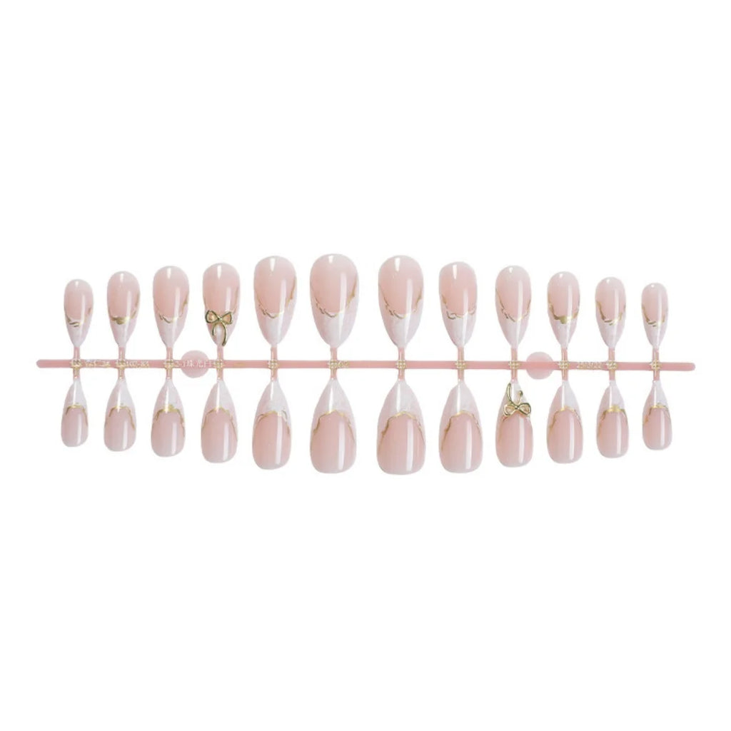 French Gold Edge Bow Press On Nails Almond Shape, Sweet Cute Women's False Nails Glue On Nail Tips