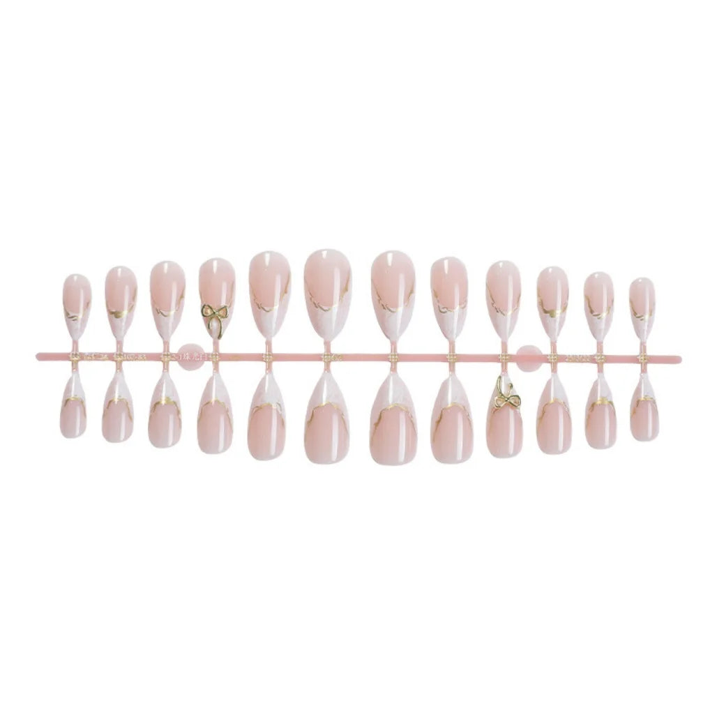 French Gold Edge Bow Press On Nails Almond Shape, Sweet Cute Women's False Nails Glue On Nail Tips