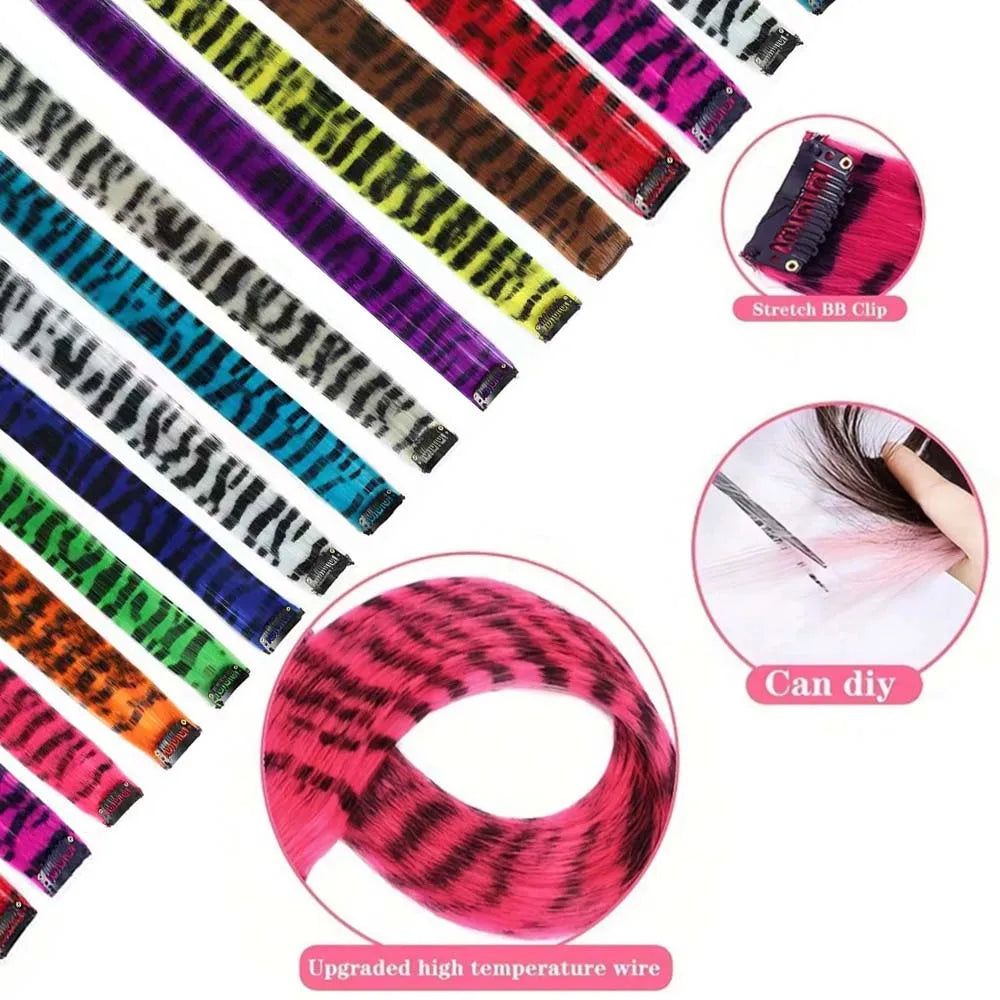 8Pcs 18" Colored Hair Extensions Animal Stripe Print Hair Clip-on Synthetic Feather Hair for Cosplay, Party, Festivals, Y2K