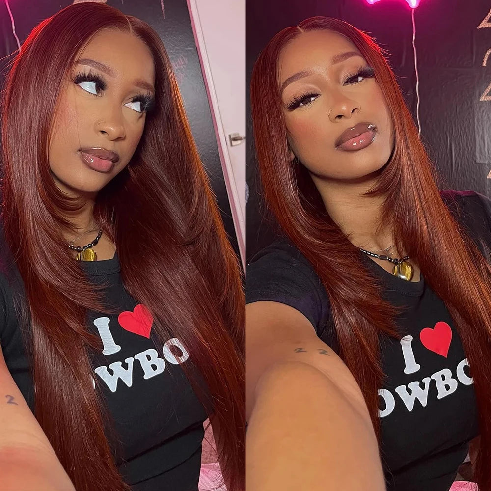 Copper Red Layered Cut Lace Front Wigs Reddish Brown Straight Lace Frontal Wig Layered Glueless Wigs Synthetic Butterfly Haircut