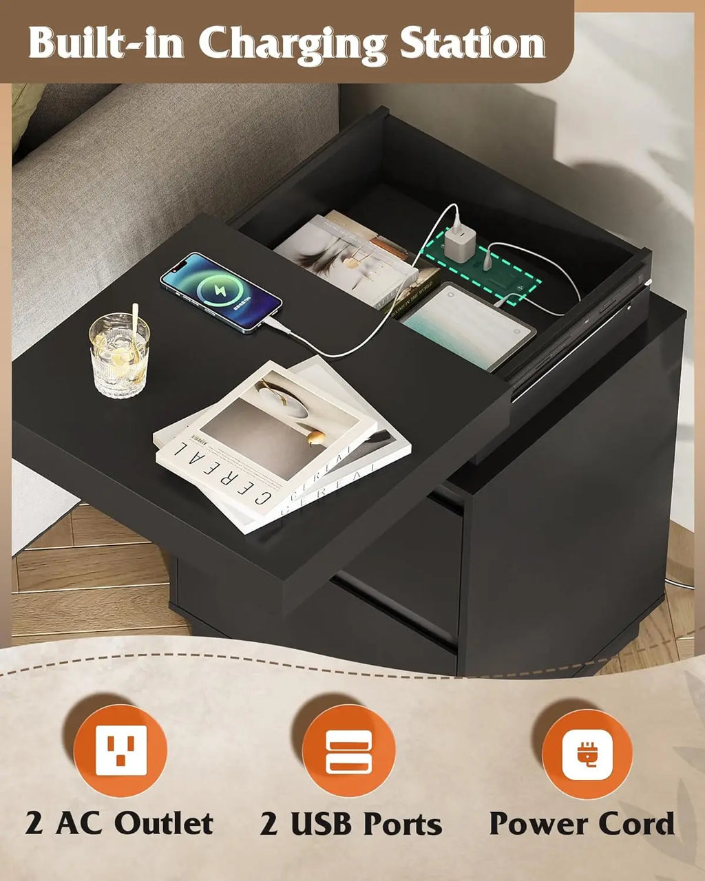 Black Nightstand with Charging Station and LED Lights, Bedside Table with 2 Wooden Drawers and Sliding Top, Modern, Customized