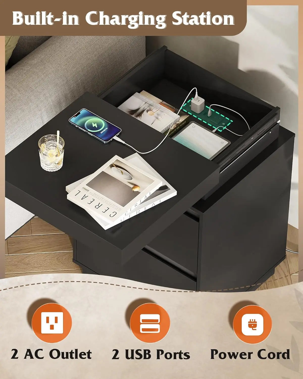 Black Nightstand with Charging Station and LED Lights, Bedside Table with 2 Wooden Drawers and Sliding Top, Modern, Customized