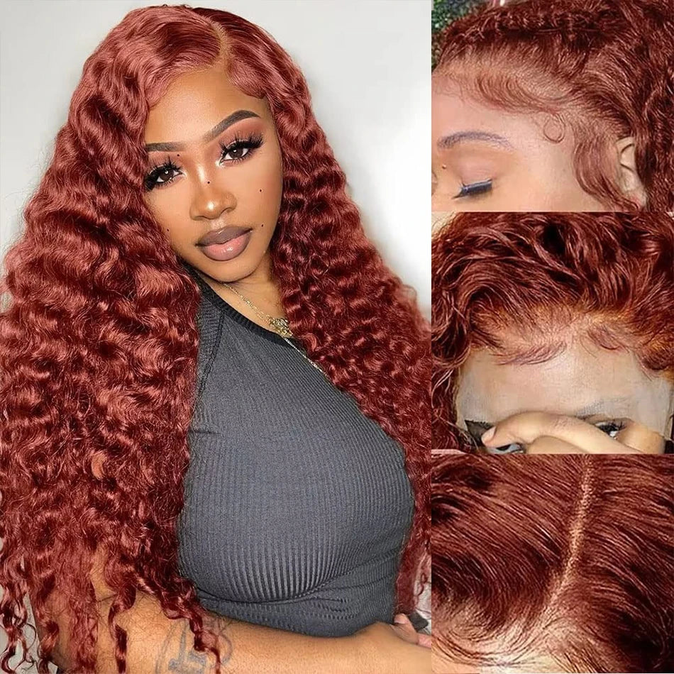 Reddish Brown HD Lace Frontal Human Hair Wig 200 Density Colored Curly Wigs 13x6 Transparent Lace Water Deep Wave Frontal Wig