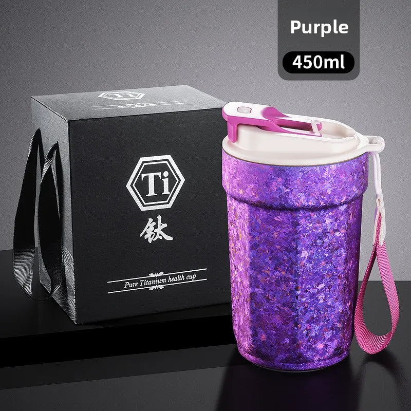 Pure titanium coffee mug with rope octagonal thermos mug, portable outdoor water cup, car leak-proof cola mug